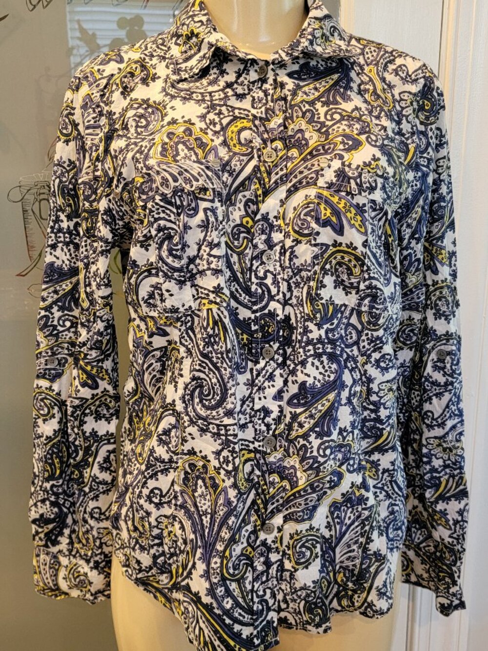 Michael Kors Blue/White Paisley Long Sleeve Button Down Blouse